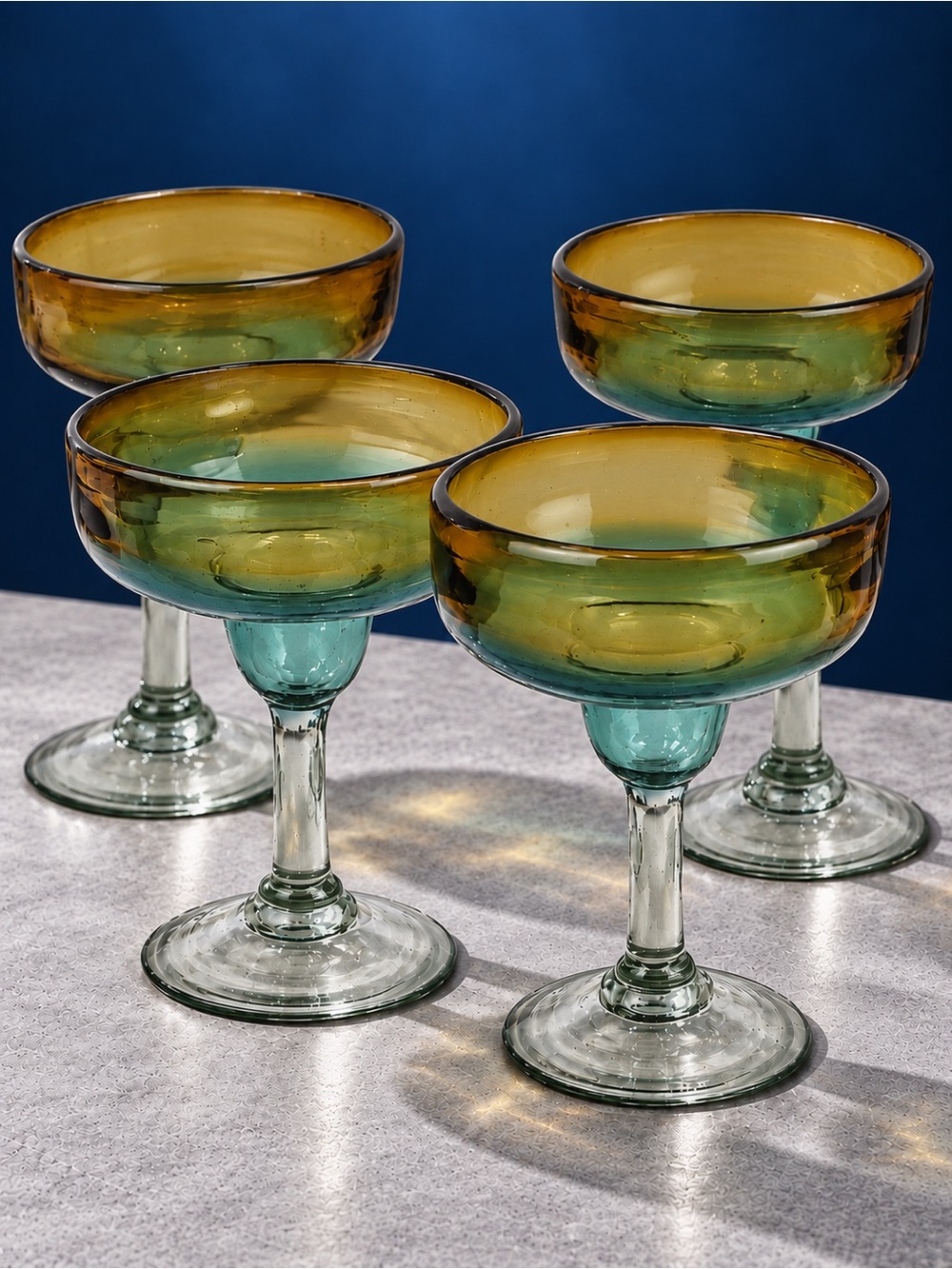Amici Home Margarita Glasses Set of 4 Amber Aqua Hand Blown Recycled Mexico